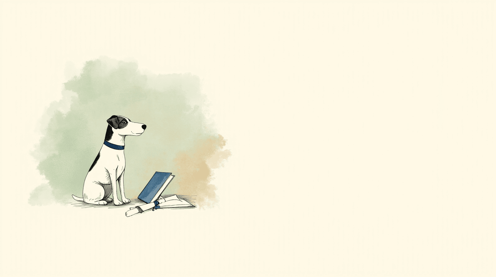 Hand-drawn pen-and-ink illustration of a calm dog sitting beside an open book and a rolled diploma scroll, with a soft watercolour wash background in sage green and warm beige tones.
