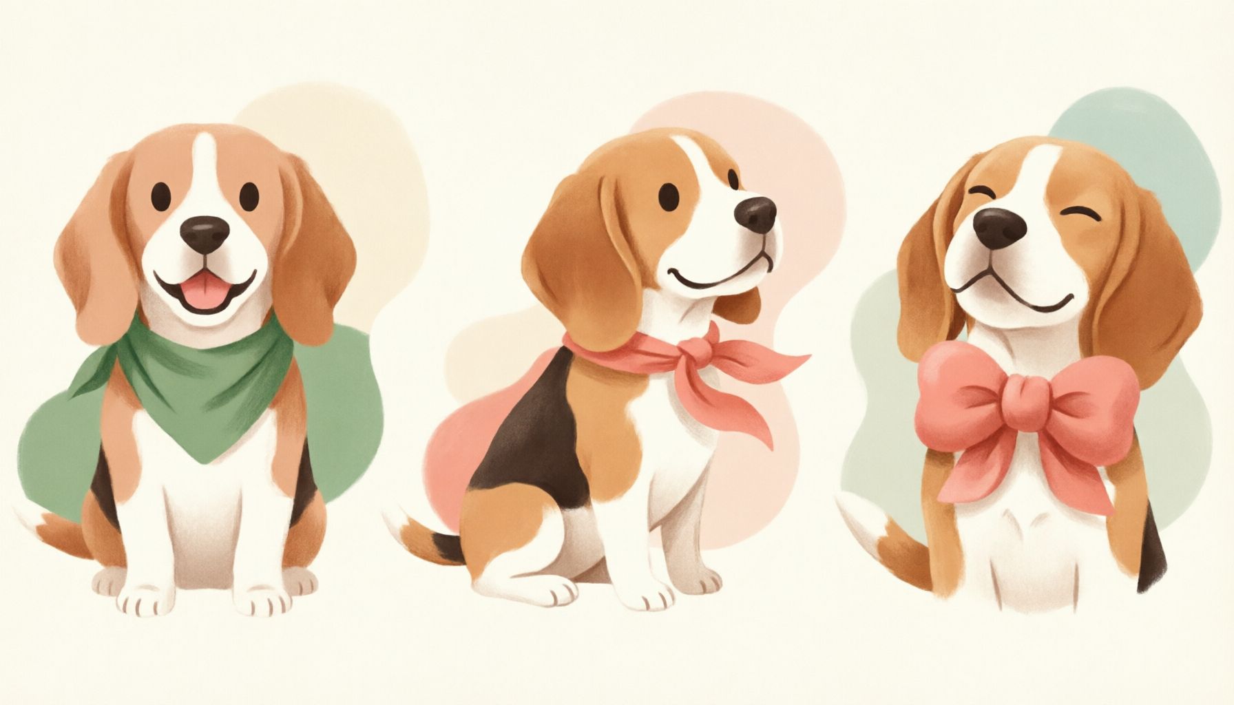 A dog wearing a stylish bandana, three styling options shown