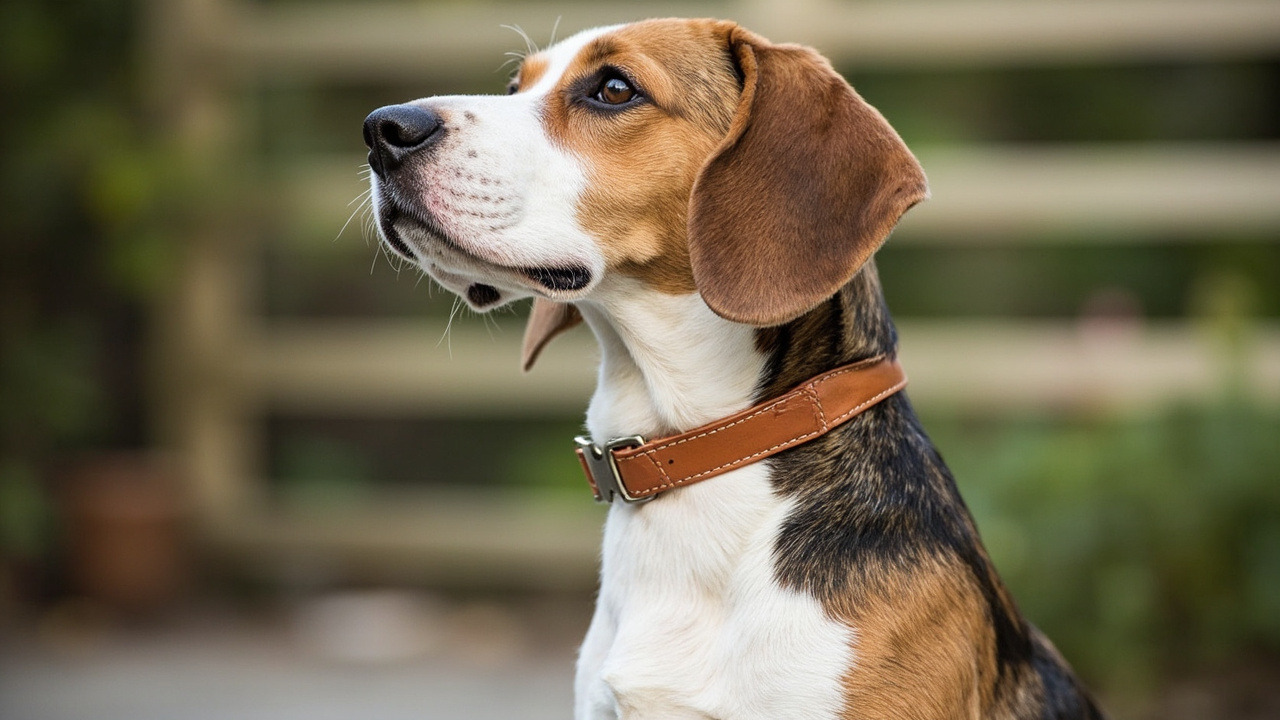 A tricolour Beagle wearing a limited-slip martingale collar in soft tan leather, alert posture with nose up and ears forward against a garden fence background.