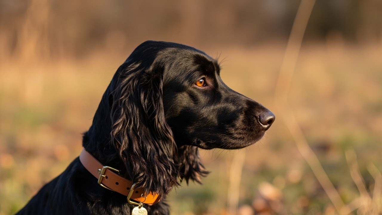 A working Cocker Spaniel wearing a slim cognac leather collar with a brass ID tag, long silky ear feathers visible against an autumn field background.