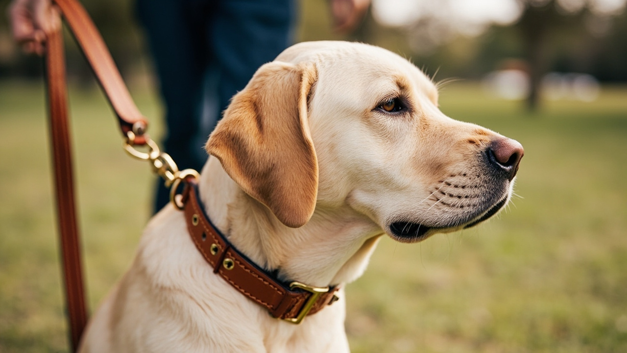 A yellow Labrador wearing a wide cognac leather collar with stitched edging, in a park setting with the owner holding a leather lead.