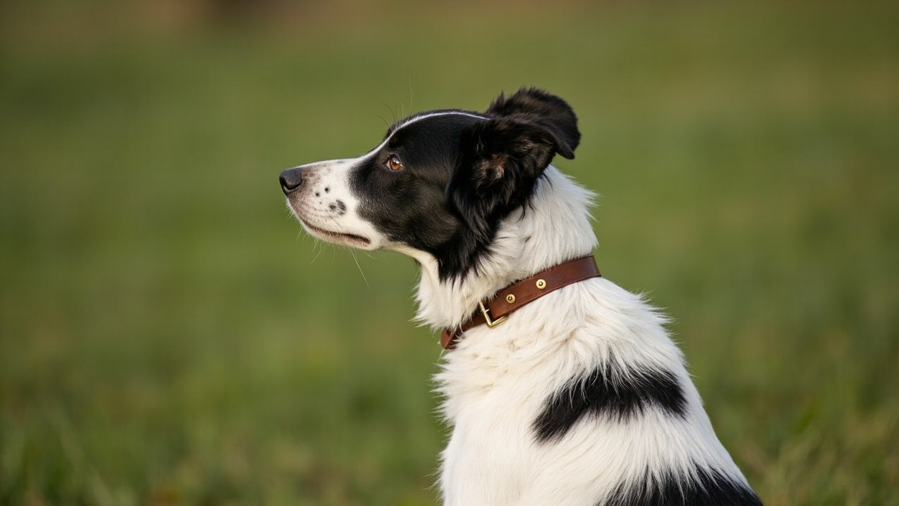 A black-and-white Border Collie in profile wearing a slim rolled leather collar, head turned toward the camera with an alert expression in a soft green field.
