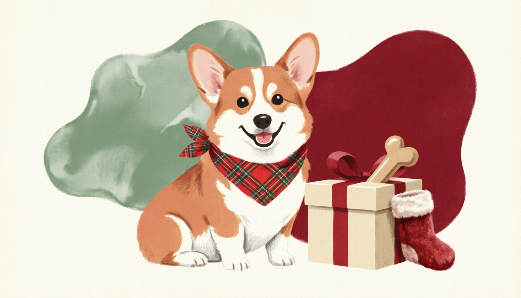 A dog wearing a festive Christmas scarf next to a wrapped gift
