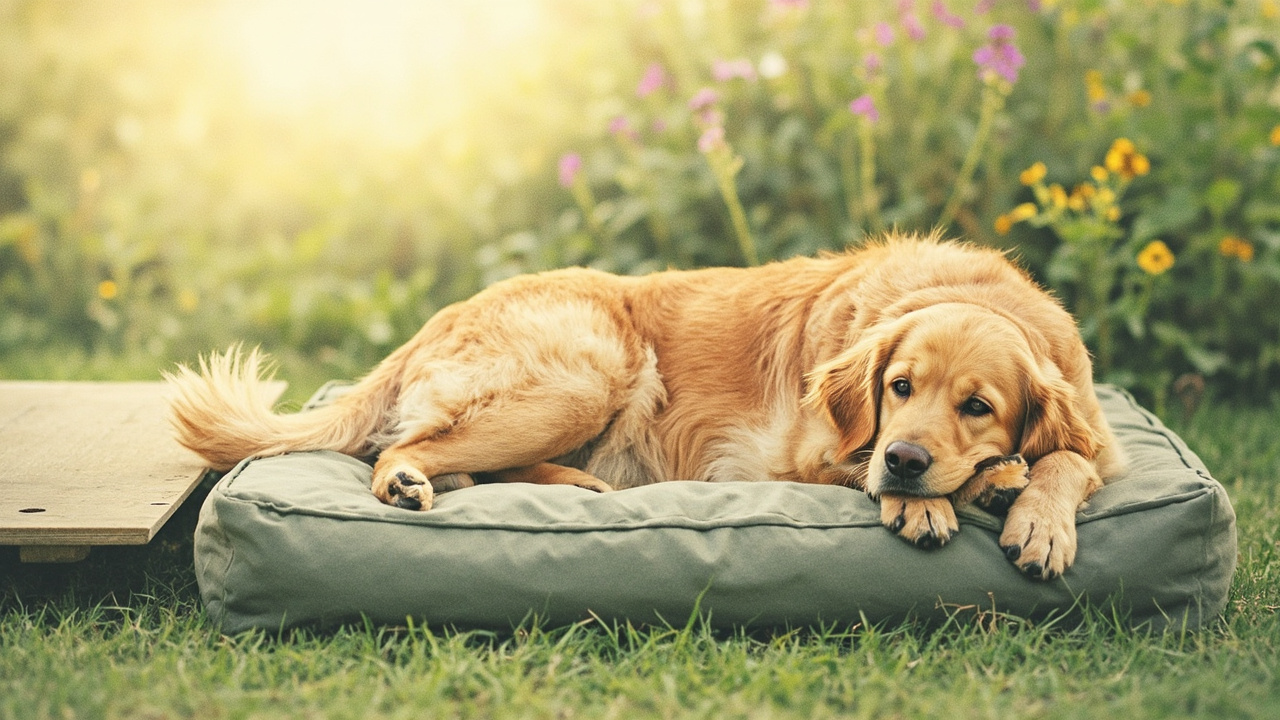 Editorial illustration of a senior golden retriever resting on a thick garden-sage orthopaedic bed beside a ramp, soft dawn light