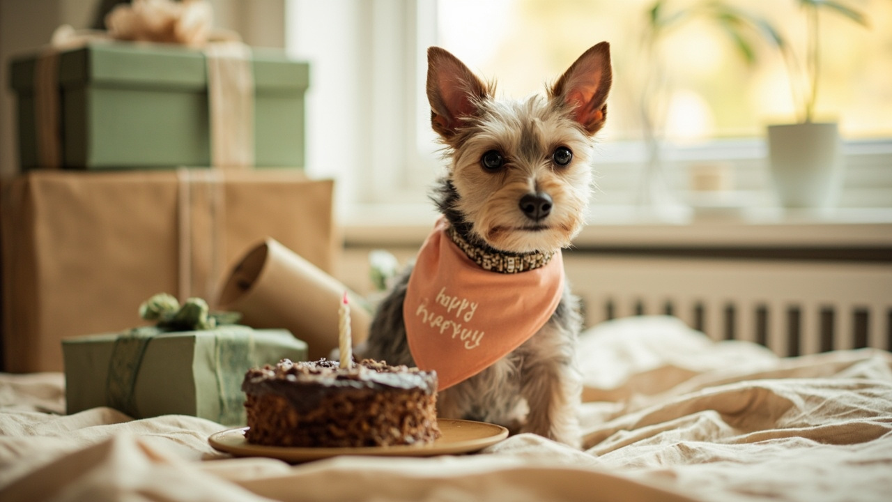 A small terrier wearing a peach-collar birthday bandana in front of a stack of wrapped gifts in garden-sage and oat-biscuit paper, with a single candle.