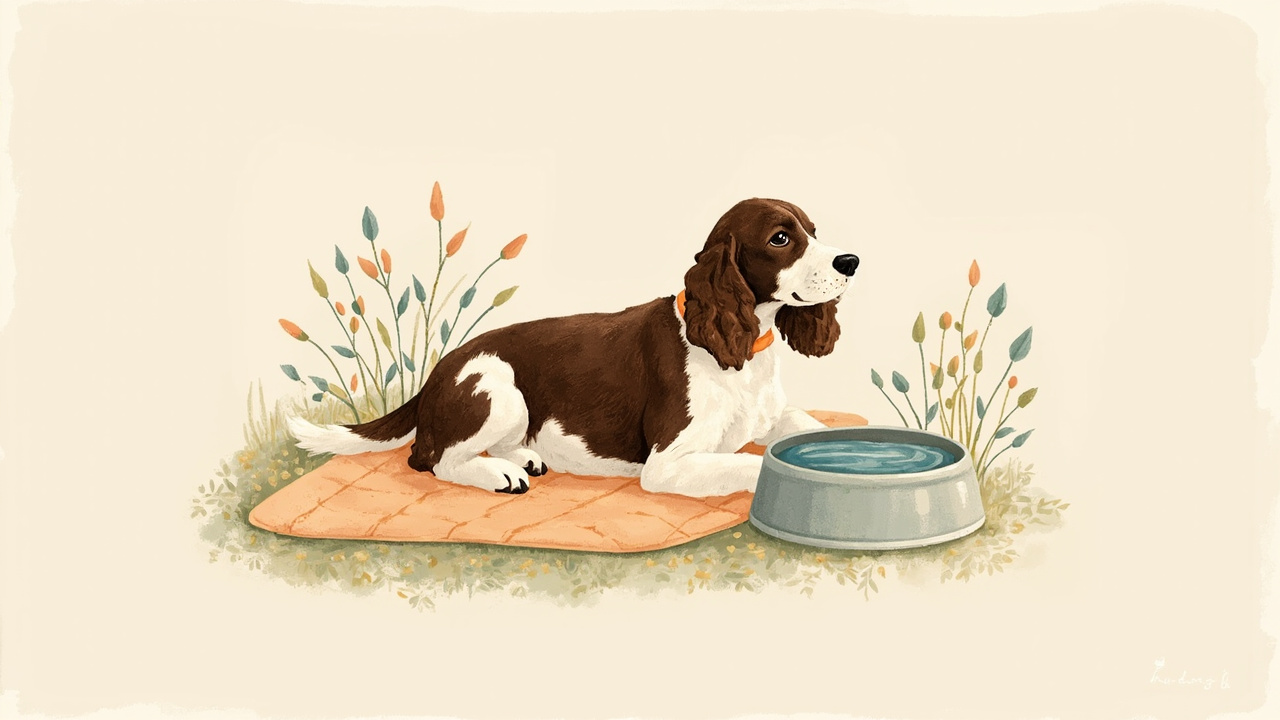 Editorial illustration of a spaniel resting on a washable oat-biscuit blanket beside a water bowl, soft garden-sage and peach-collar accents, dawn light