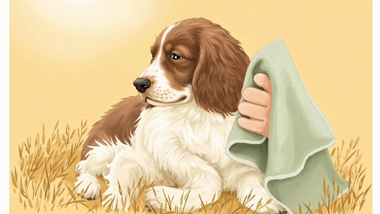 Editorial illustration of a cocker-spaniel with one ear tilted, owner holding a soft garden-sage towel, oat-biscuit background, dawn light