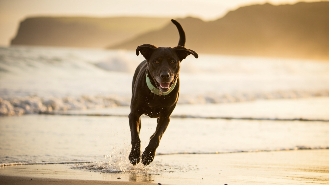 A Labrador running along a sandy Cornish cove beach at low tide, waves lapping at the shore, wearing a sage-green fabric dog collar, soft golden-hour light, no humans in frame