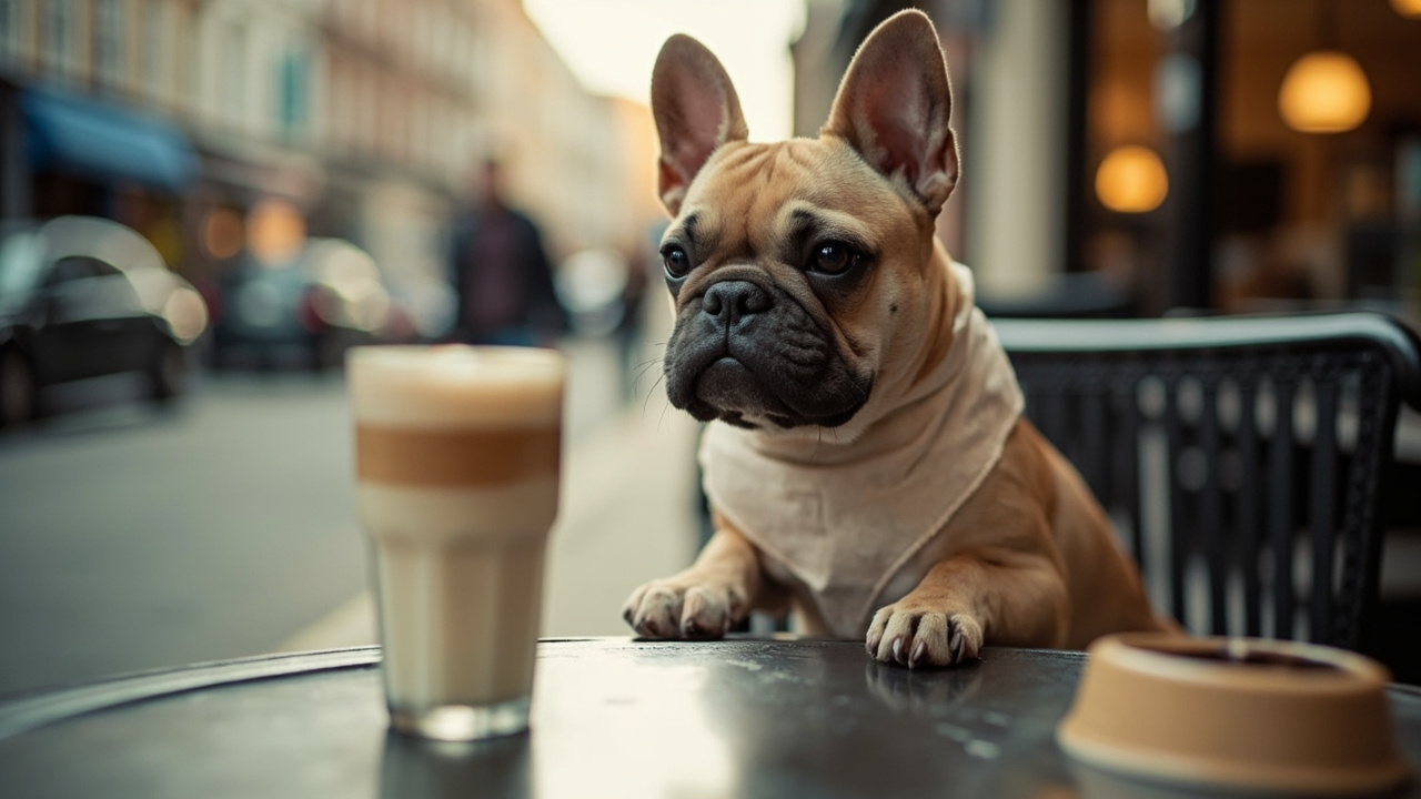 A small French bulldog sitting at an outdoor cafe table with an oat-milk latte and a ceramic water bowl beside it, wearing a cream fabric bandana, soft morning light, London street background