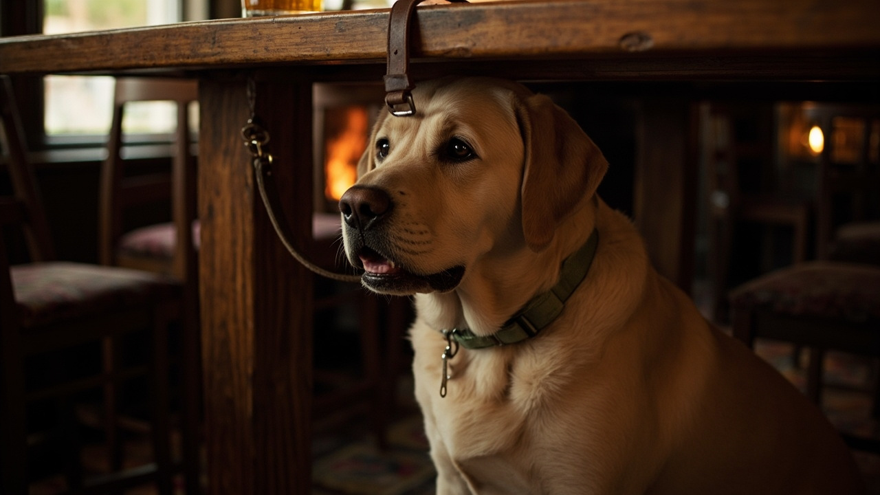 A Labrador sitting calmly under a wooden pub table in a country pub, a pint of ale and a leather lead visible, warm firelight, wearing a sage-green fabric collar