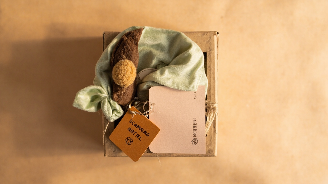 A flat-lay gift box on a warm-oat background filled with a sage-green handmade dog bandana, a peanut-butter enrichment toy, a personalised leather collar tag and a kraft paper card.