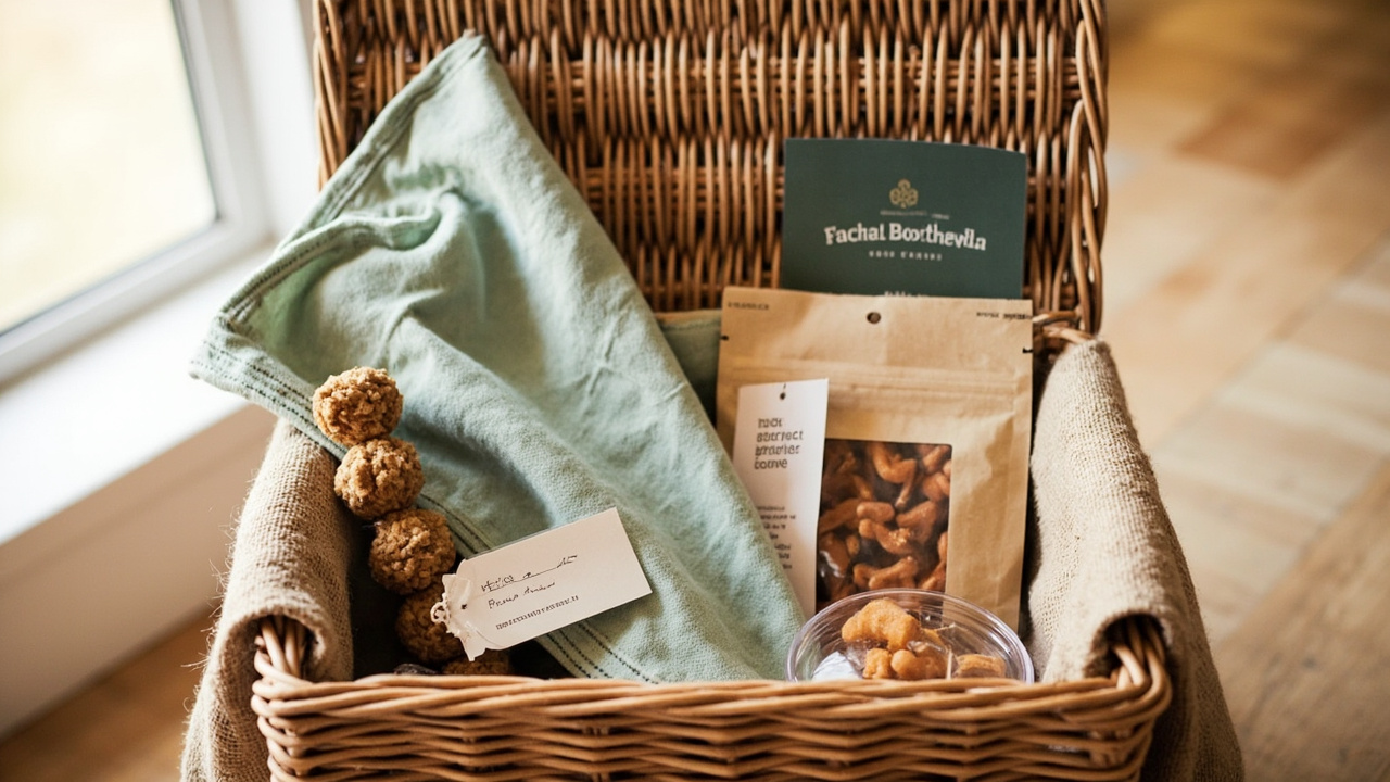 A wicker hamper lined with oat-biscuit linen, filled with a folded sage-green bandana, a peanut-butter enrichment toy, a small bag of natural treats and a kraft gift card.