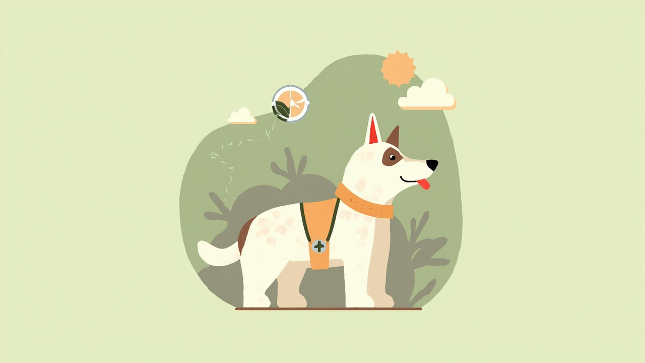 Editorial illustration of a terrier wearing a peach-collar harness on a garden-sage background, a small cough cloud icon and stethoscope motif, dawn light