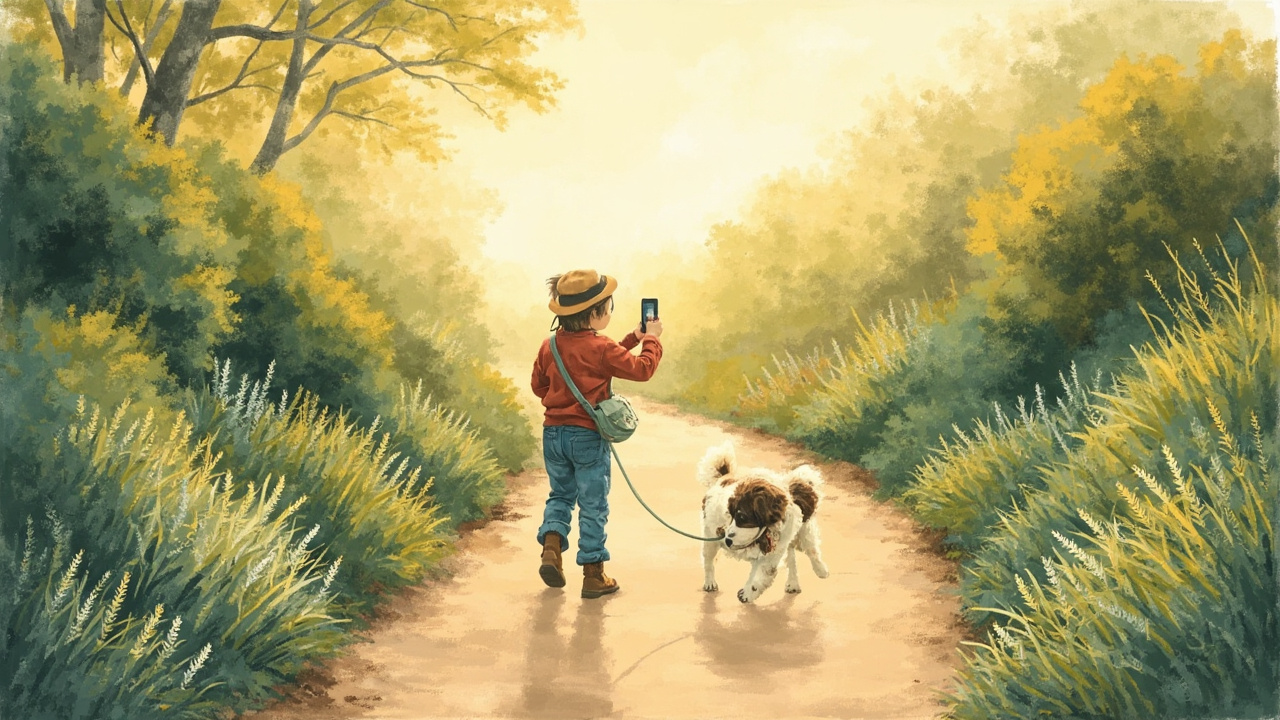 A spaniel gently limping on a garden path in soft morning light, with the owner kneeling and filming on a phone, collar and lead visible, garden-sage hedgerow in background