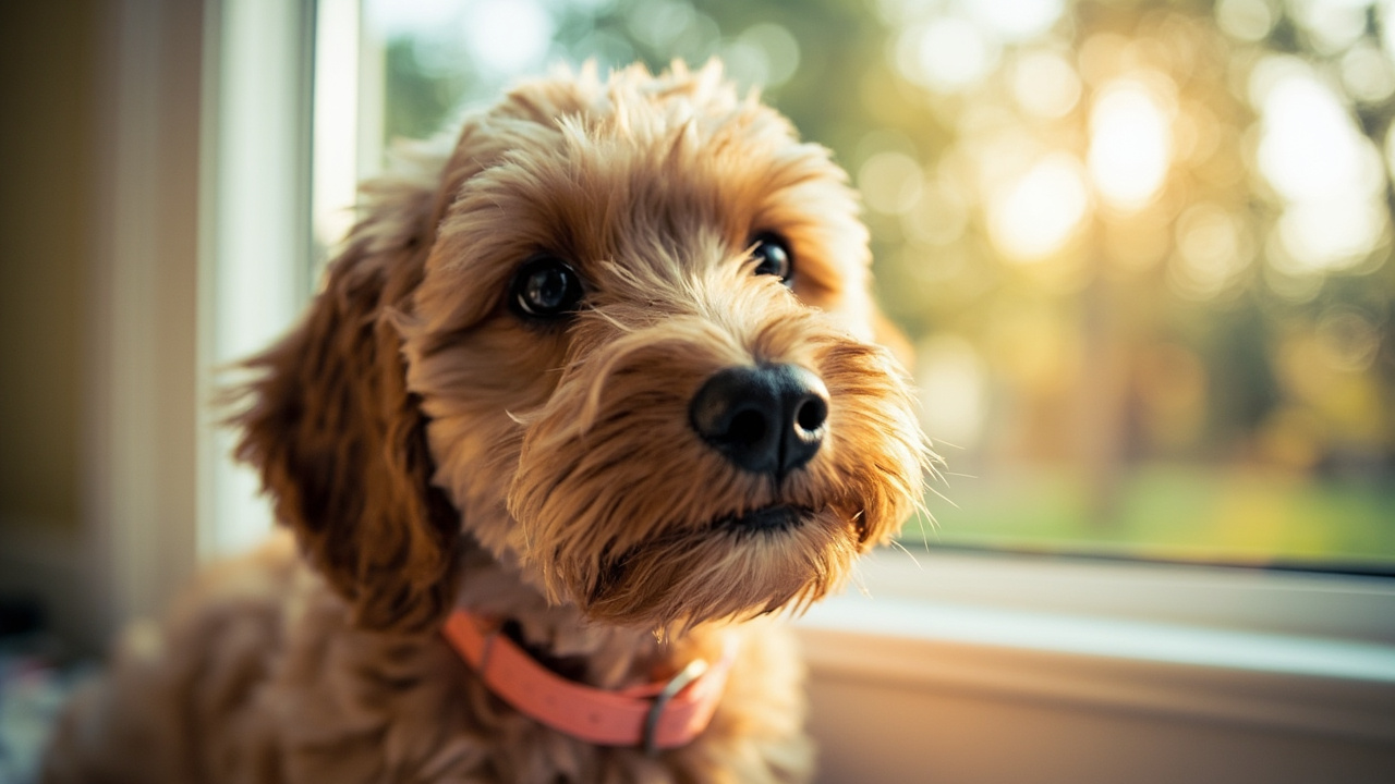 A cockapoo sitting in a window pool of natural light, eyes locked on the camera, wearing a coral peach collar, shot at dog-eye-level, shallow depth of field