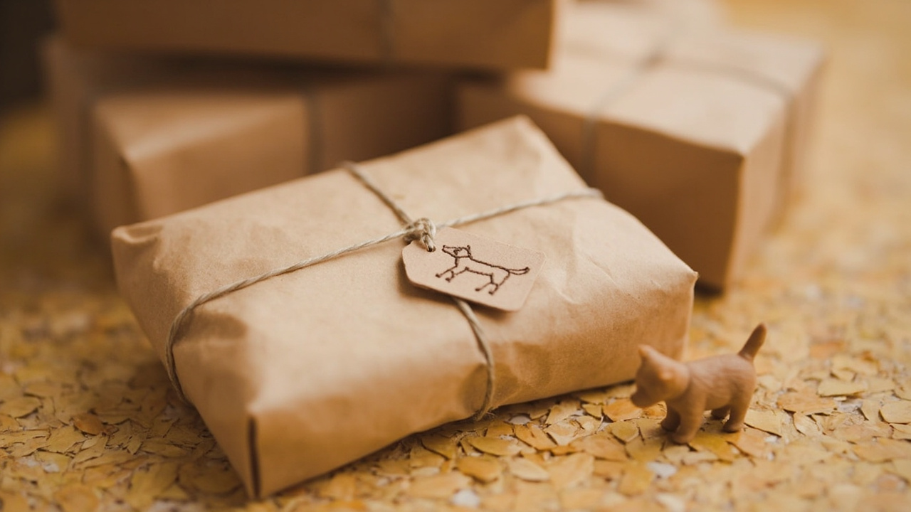 Three wrapped parcels of different sizes on a warm-oat surface, each tagged with a kraft paper label and a tiny stitched dog motif, with a scottie pup sniffing one.