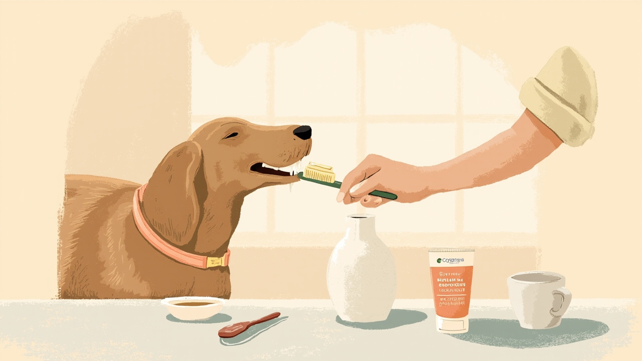 An owner brushing a senior golden retriever's teeth with a peach-collar enzymatic toothpaste tube on a kitchen counter, dog calmly sitting, warm morning light