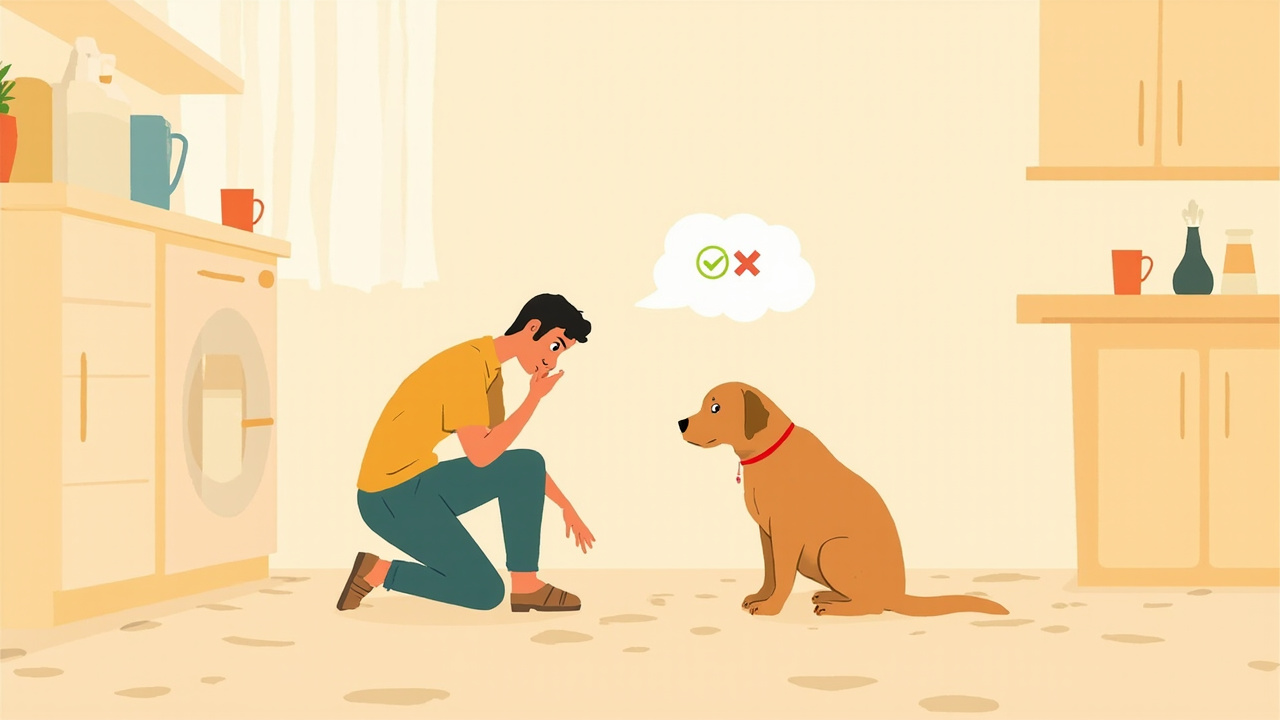 Editorial illustration of a worried owner kneeling beside a Labrador on a kitchen floor in a warm-milk room, a small green tick and red cross icon hovering above, gentle dawn light