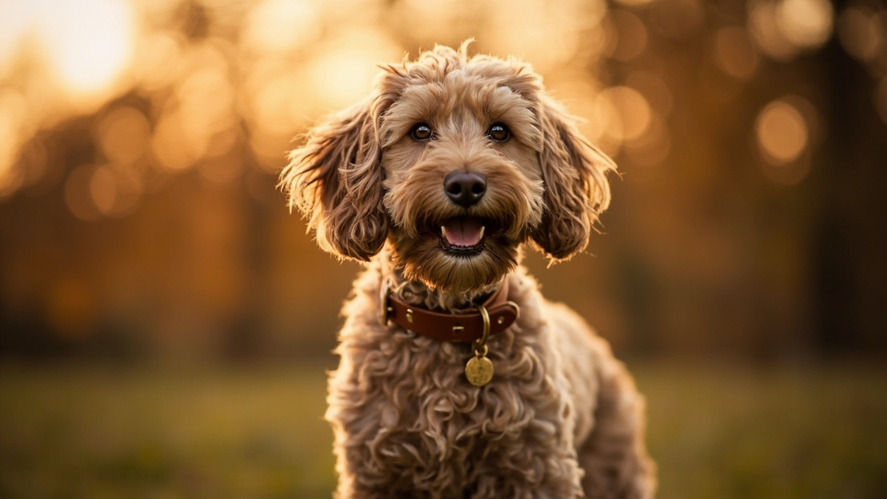 A happy cockapoo off-lead on Hampstead Heath in golden-hour autumn light, wearing a cognac leather collar with brass tag clearly visible, soft bokeh of trees behind