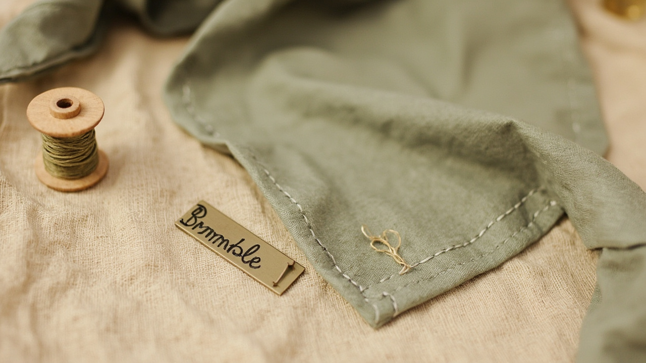Close-up of a hand-stitched sage-green dog bandana with the name 'Bramble' embroidered on the corner, draped on warm-oat linen beside a wooden thread spool and brass name-tag blank.