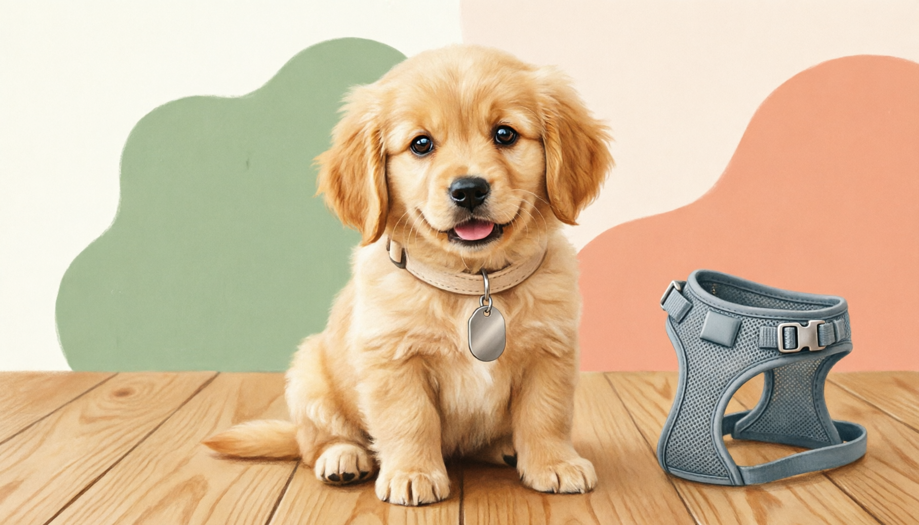 A young puppy wearing a soft starter collar