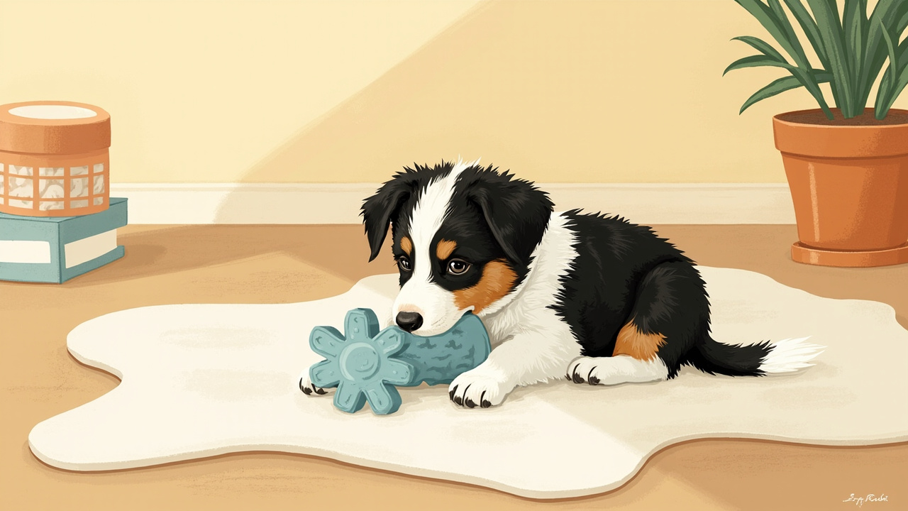 A border-collie puppy chewing a soft garden-sage rubber teething toy on a warm-milk rug, with a frozen tea-towel nearby, gentle dawn light