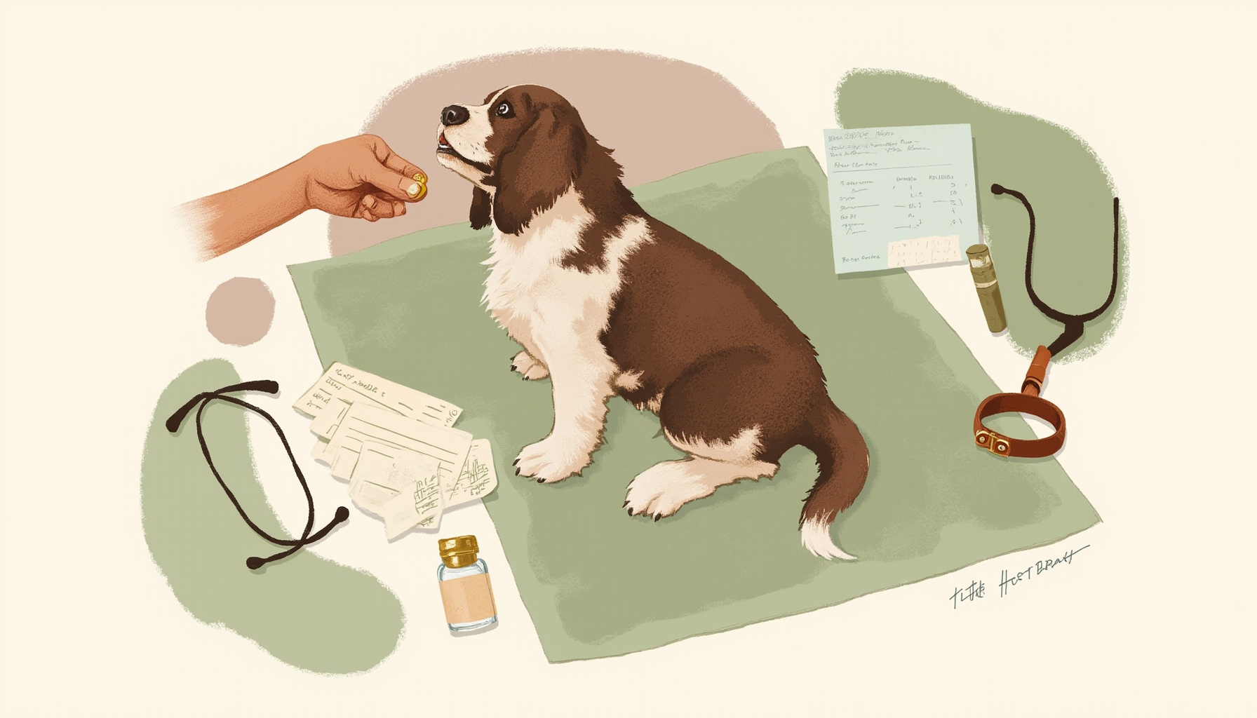 Editorial illustration of a small cocker spaniel puppy on a sage-green vet consult mat, looking up at a hand offering a treat, with a small vaccine vial and a brass-tagged collar arranged nearby