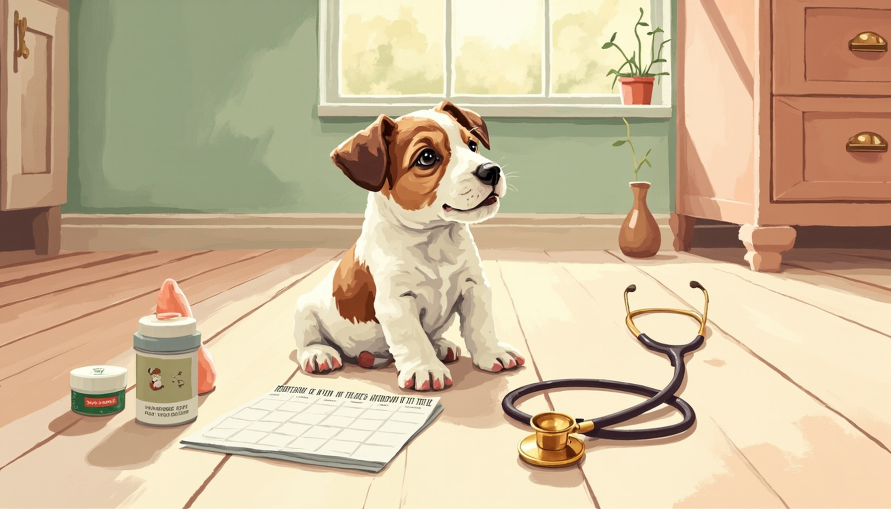 A small Jack Russell Terrier puppy on a UK kitchen floor with a vet-style worming tablet and a calendar showing the 2/5/8/12-week protocol schedule