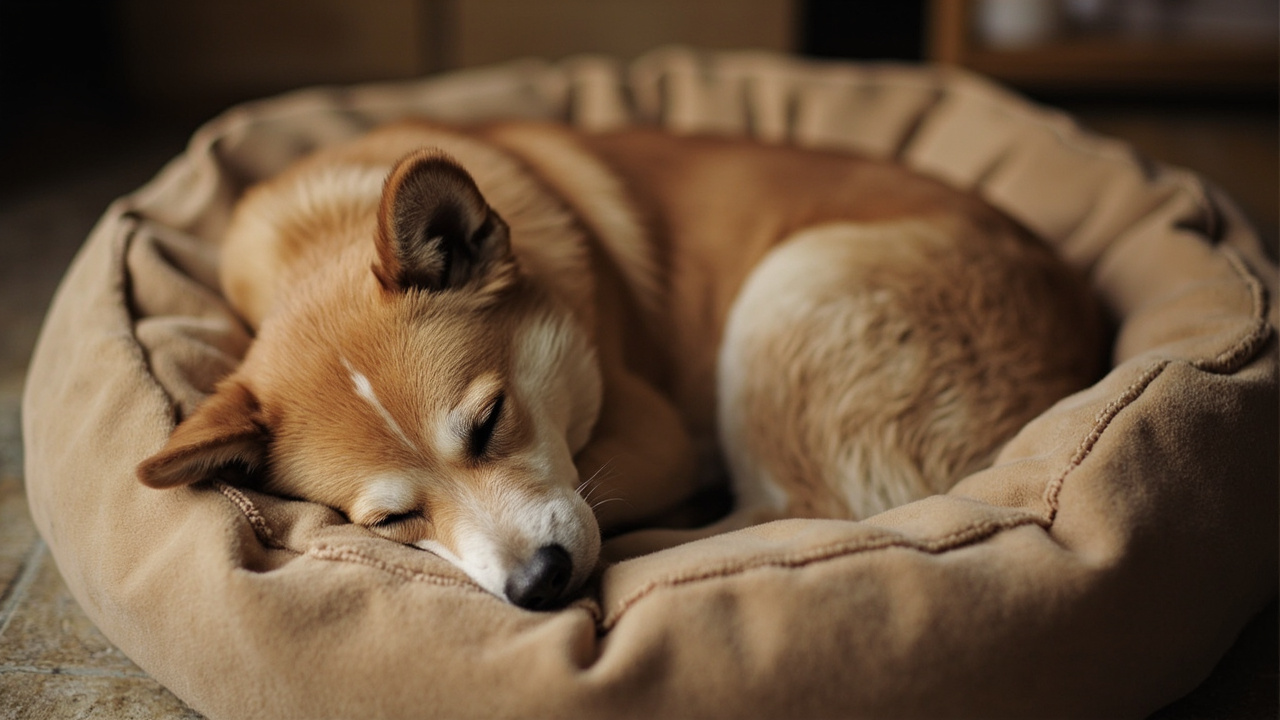 A dog resting calmly in a donut calming bed