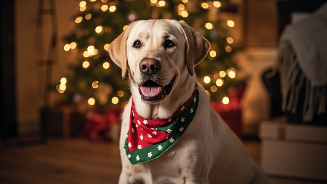 A dog wearing a festive Christmas bandana by the Christmas tree