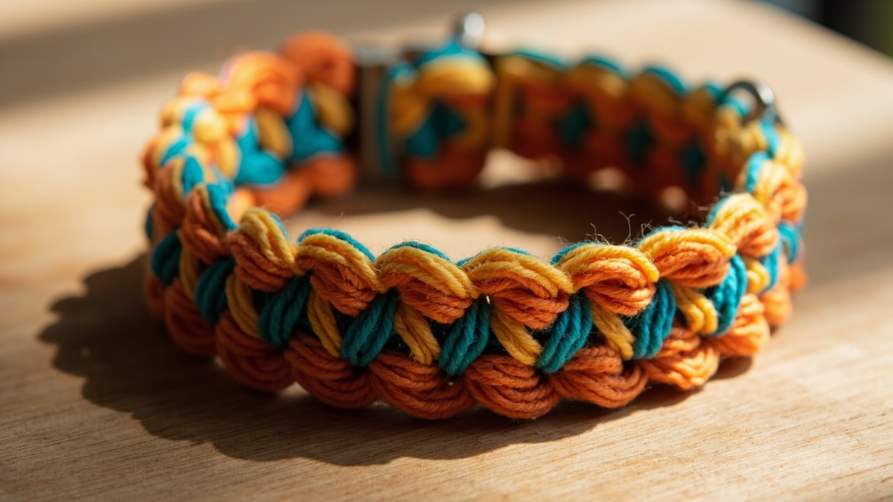 A handmade crochet dog collar with beautiful decorative texture
