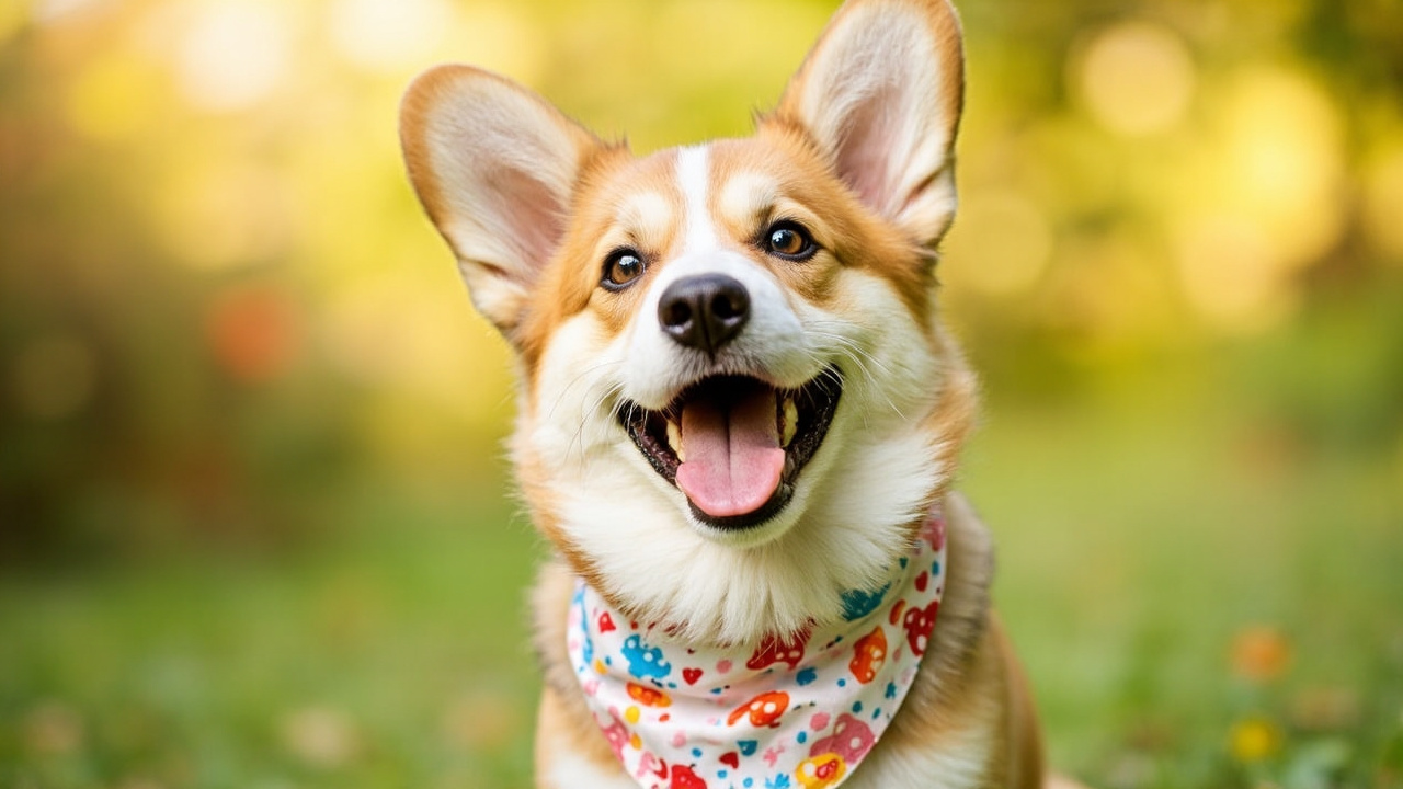 A cheerful dog wearing a colourful kawaii bandana outdoors