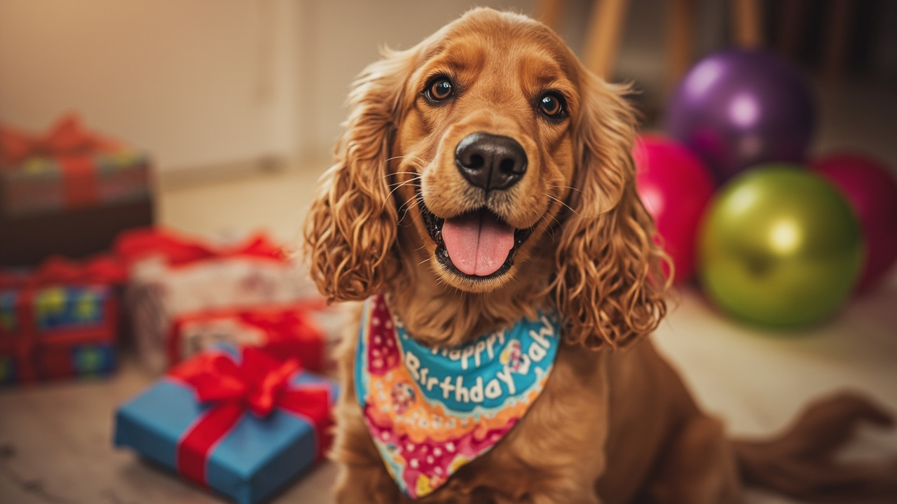 A happy dog wearing a birthday bandana surrounded by presents and balloons