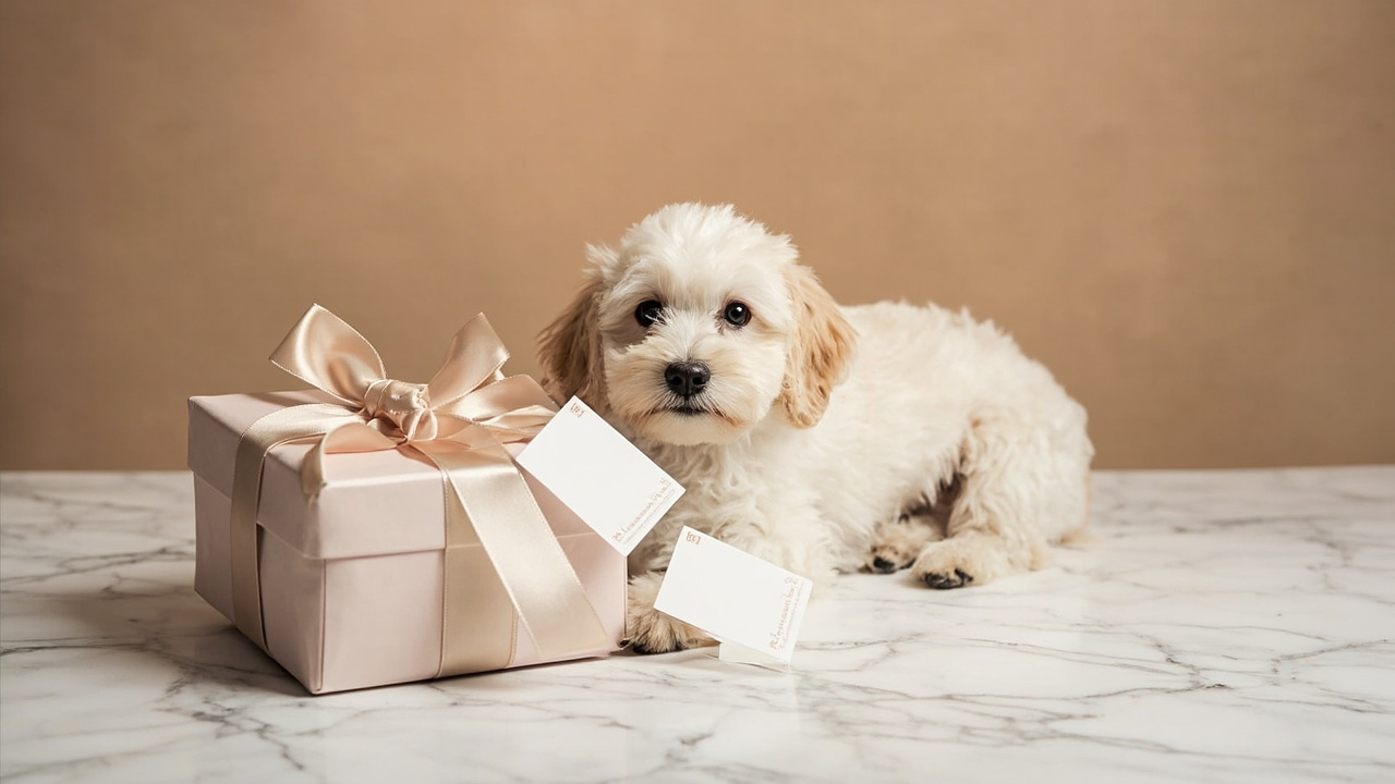 A beautifully wrapped dog gift bundle with ribbon and gift card
