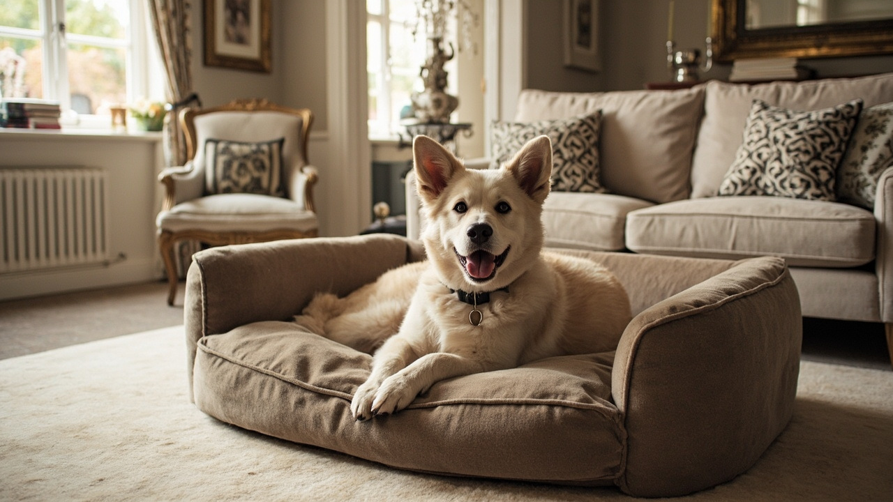 A beautifully designed luxury dog bed matching the room's interior aesthetic