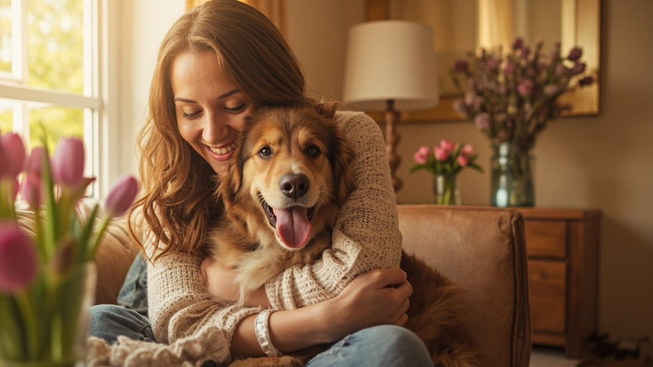 A woman and her dog sharing a warm moment together on Mother's Day