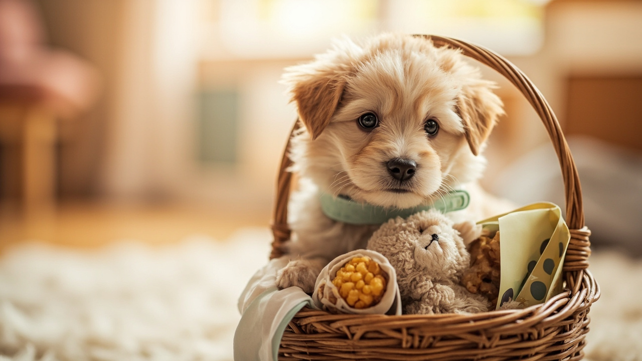 A new puppy with a starter gift bundle including collar, toy and treats