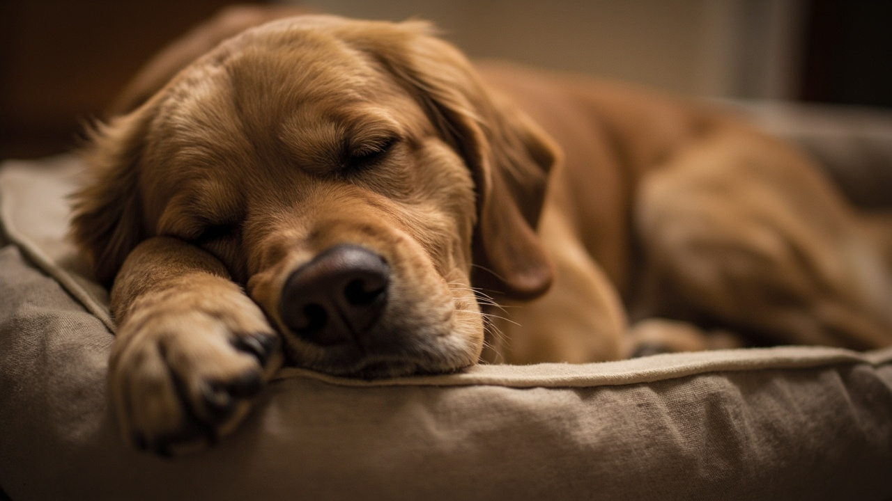 A senior dog resting comfortably on an orthopaedic memory foam bed