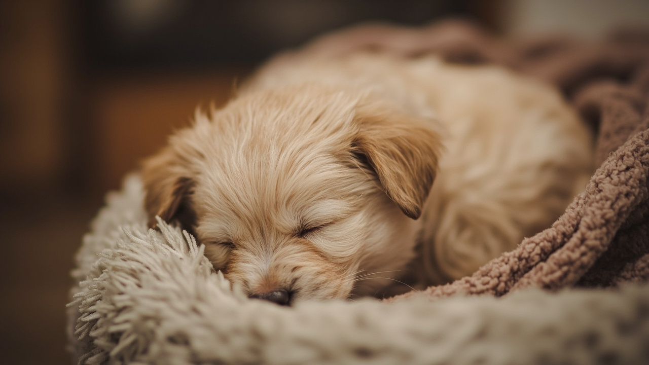 A sleepy puppy curled up in a soft cosy bed indoors