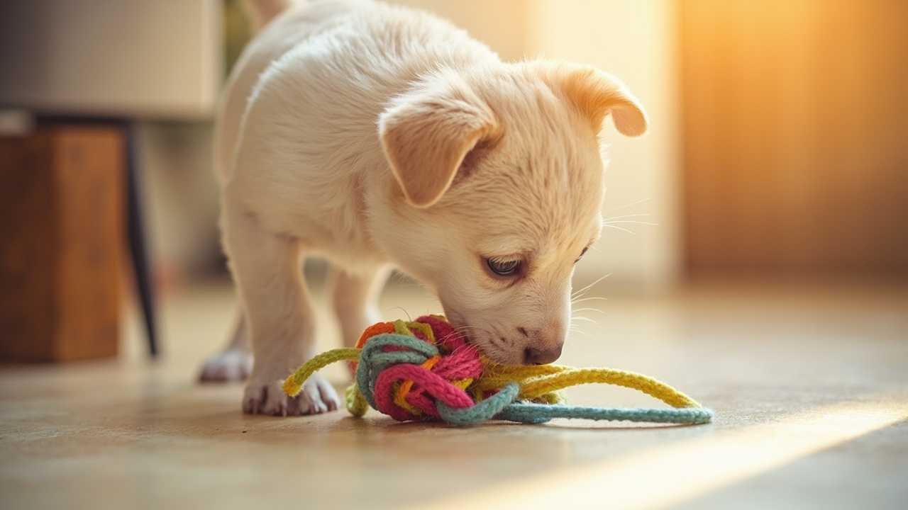 A curious fluffy puppy playing with a soft textured enrichment toy