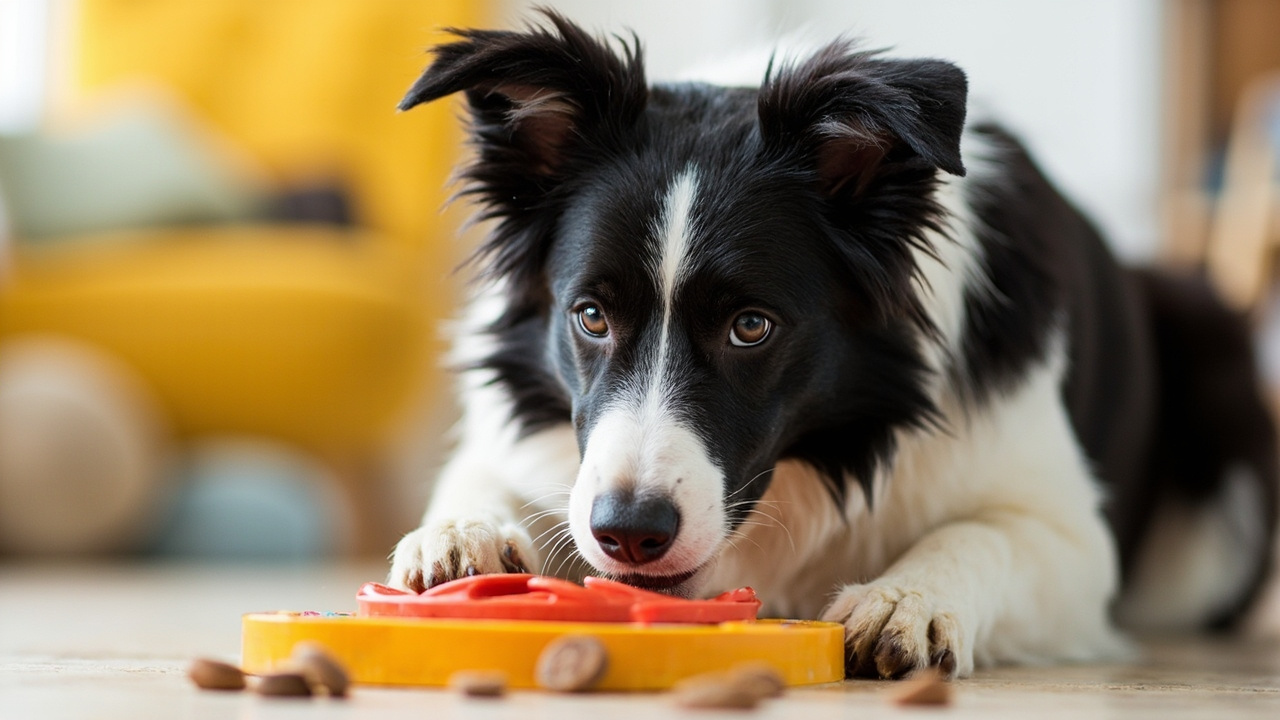 A clever Border Collie solving a dog puzzle toy with treats falling out