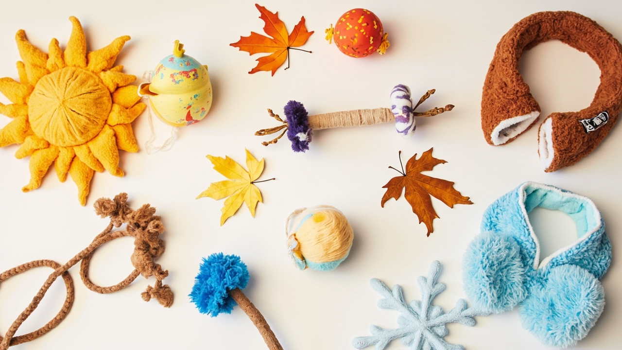 Dog enrichment toys arranged by season with seasonal decorations