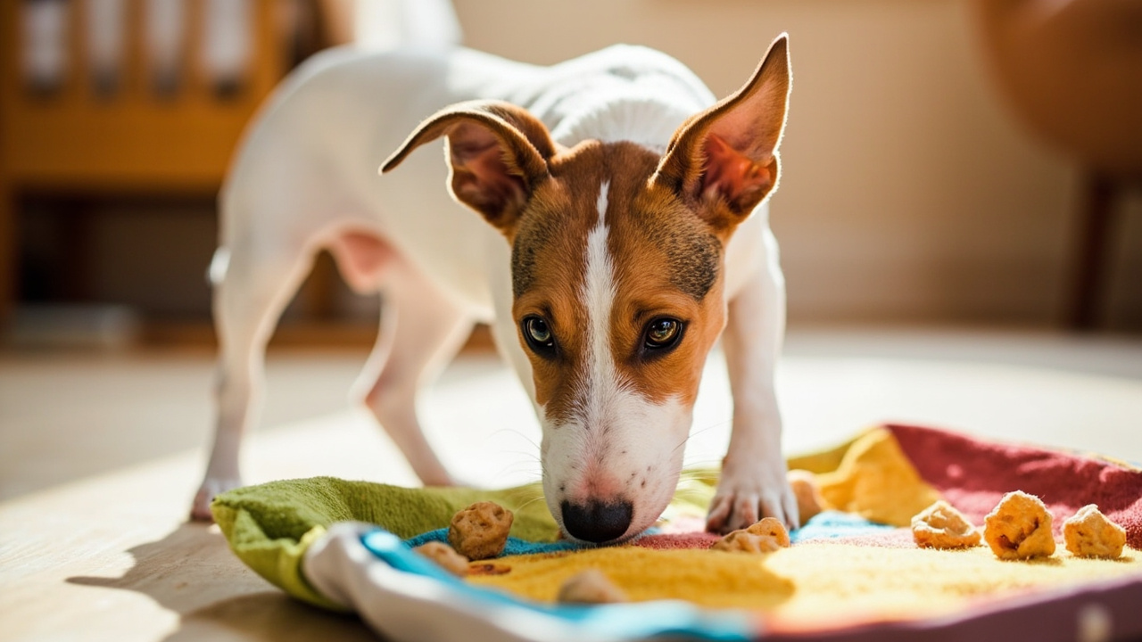 A dog using its nose to search through a snuffle mat for hidden treats
