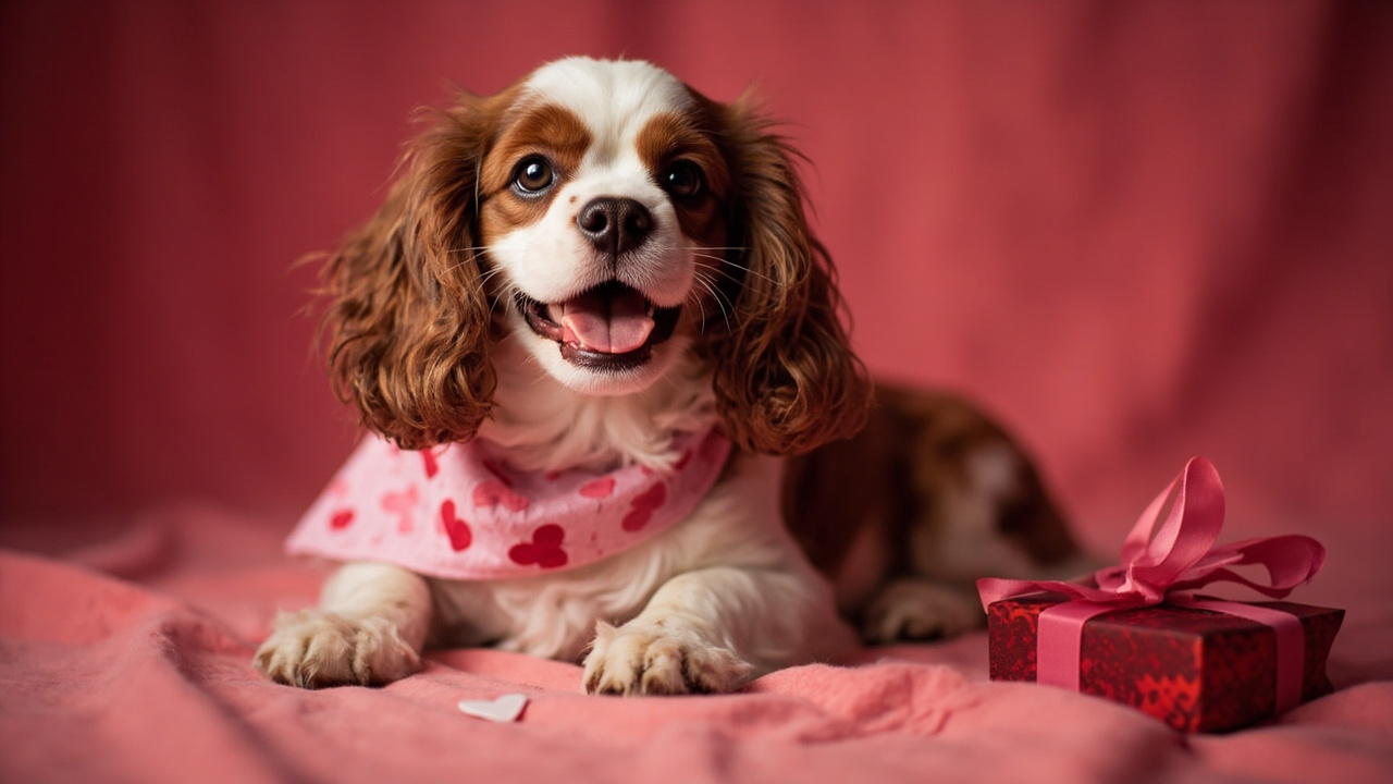 A dog wearing a heart-print bandana with a Valentine's gift bundle