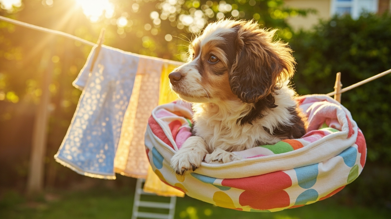 A dog bed being lifted from a washing machine, looking fresh and clean